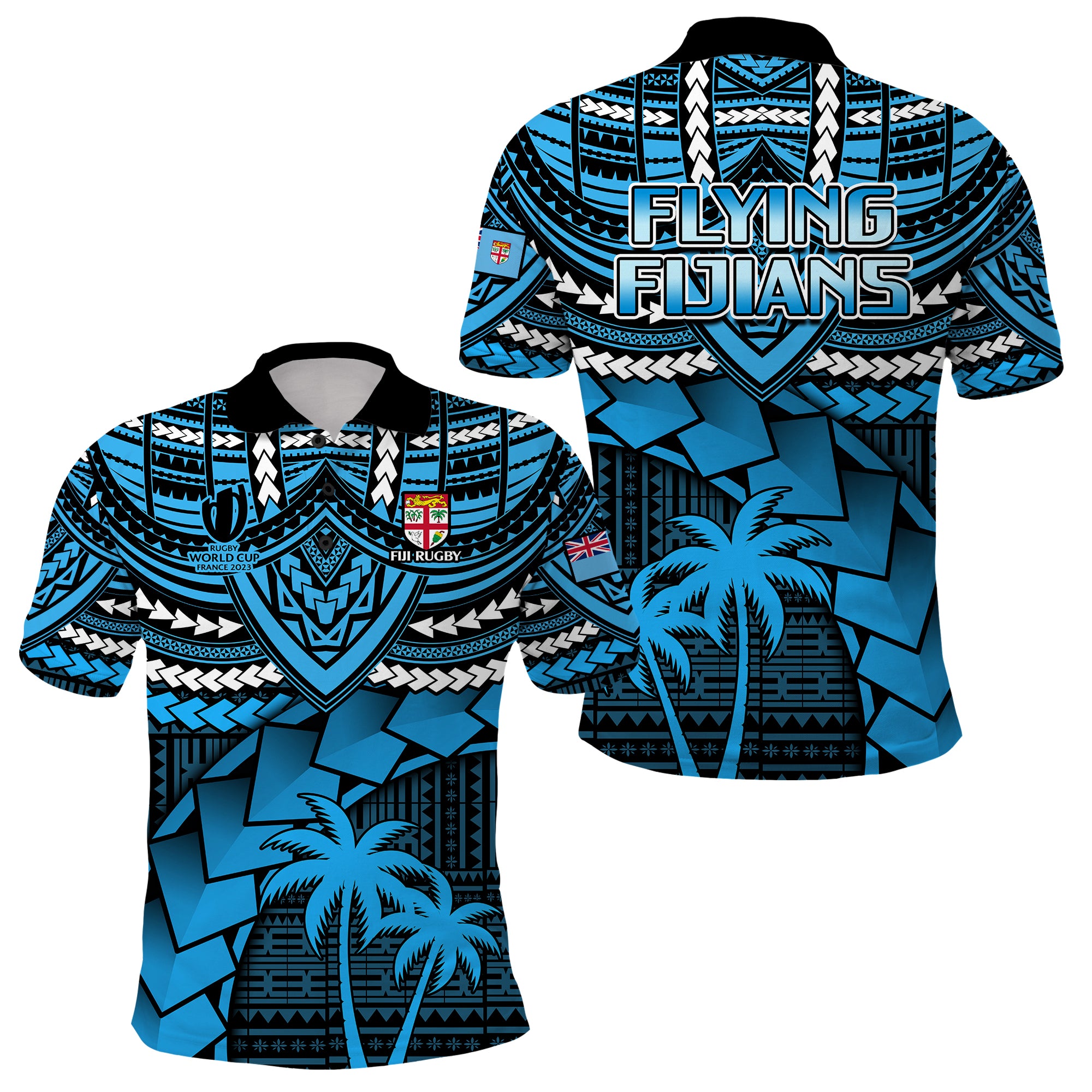 Fiji Rugby Polo Shirt Go Fijian Tapa Arty with World Cup Vibe LT9 Black - Polynesian Pride