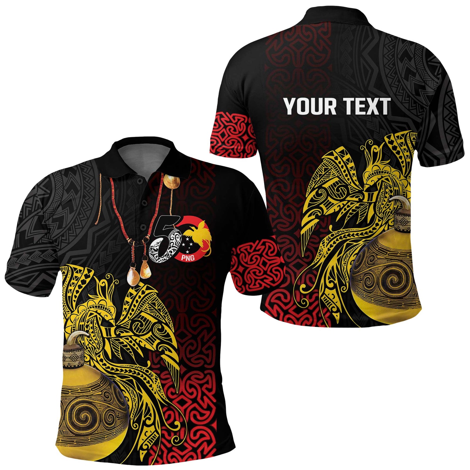 Personalized Papua New Guinea 50th Independence Anniversary Polo Shirt Oro Tapa Mix Lime Gourd LT7 Black - Polynesian Pride