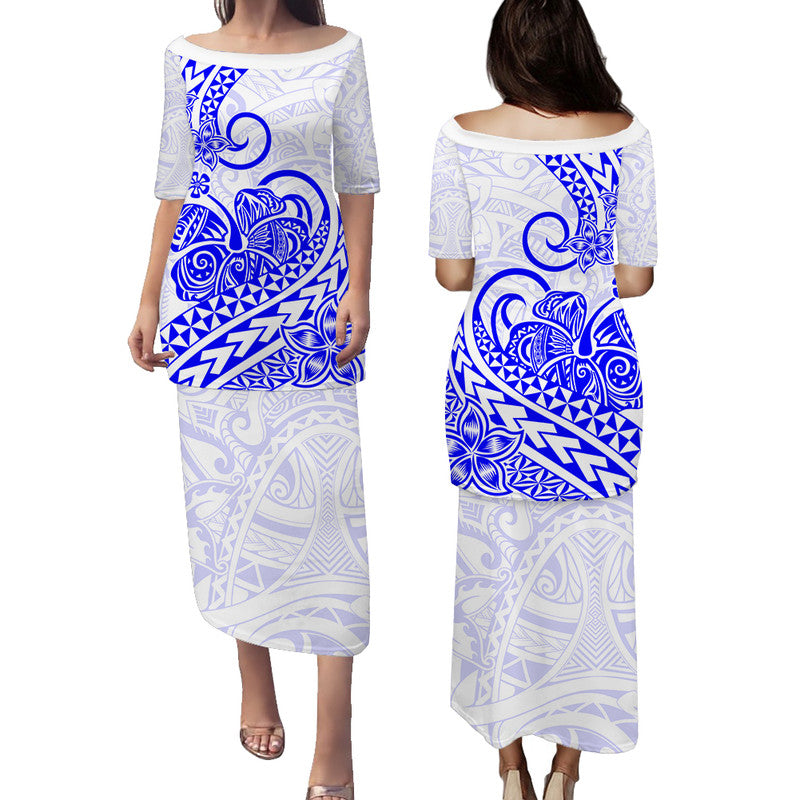 Polynesian Tribal Tattoo Retro Puletasi Dress Blue Screen Color LT9 Long Dress Blue - Polynesian Pride