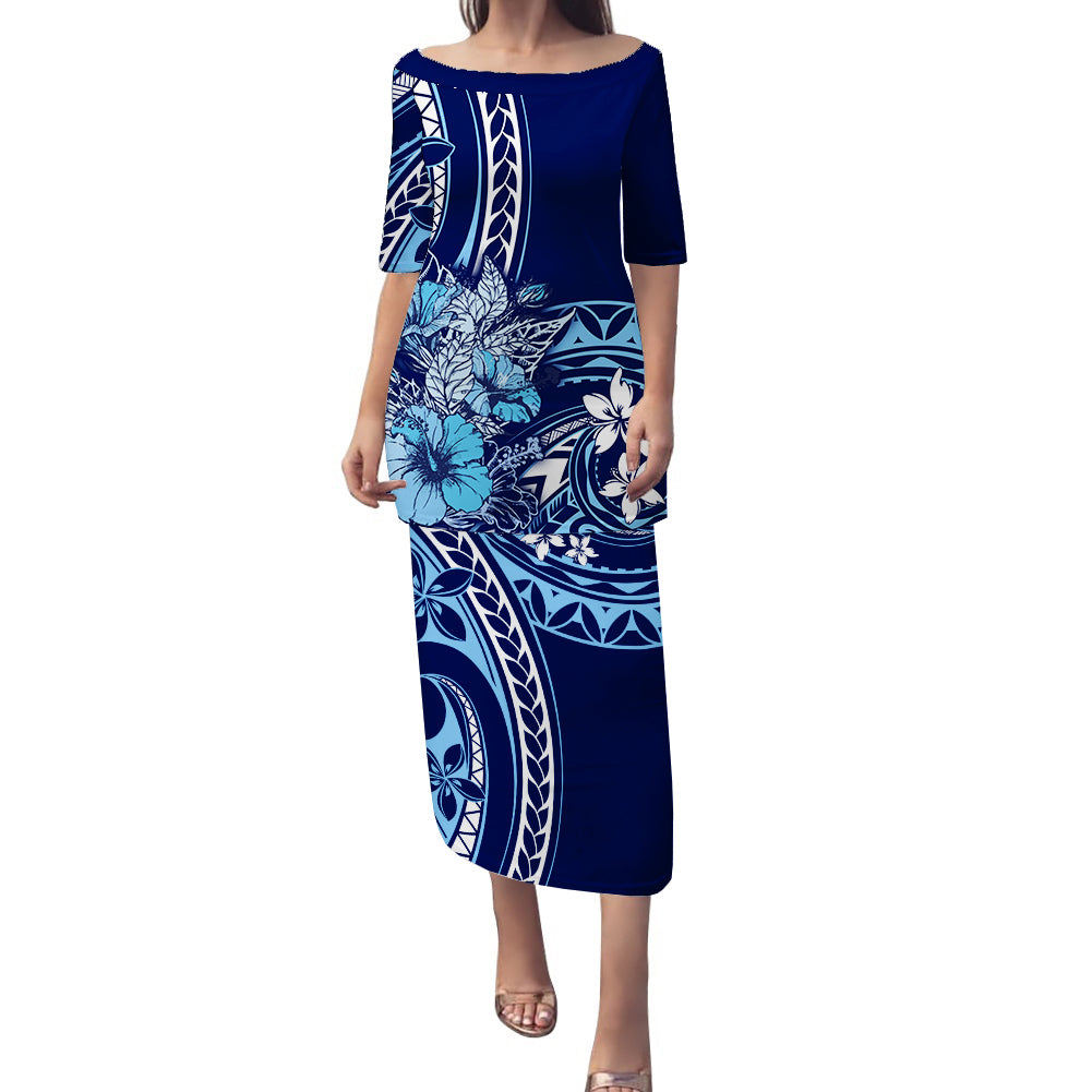 Hawaii Valentine Couples Matching Puletasi and Hawaiian Shirt Plumeria Blue Version LT7 Blue - Polynesian Pride