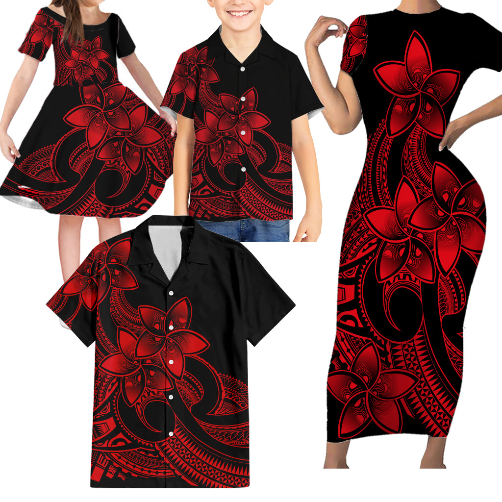 Polynesian Matching Outfit For Family Plumeria Flowers Bodycon Dress Hawaiian Shirt Polynesian Tribal Red Vibe LT9 - Polynesian Pride