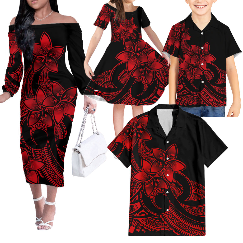 Polynesian Matching Outfit For Family Plumeria Flowers Off Shoulder Long Sleeve Dress Hawaiian Shirt Polynesian Tribal Red Vibe LT9 - Polynesian Pride