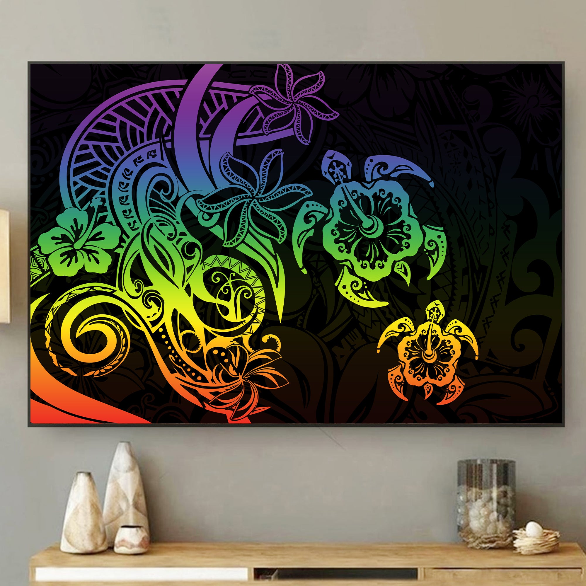 Polynesian Tribal Plumeria and Sea Turtle Tattoo Canvas Wall Art Black Reggae Style LT9 - Polynesian Pride