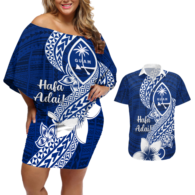 Hafa Adai Guam Couples Matching Off Shoulder Short Dress and Hawaiian Shirt Polynesian Floral Blue Pattern LT01 Blue - Polynesian Pride