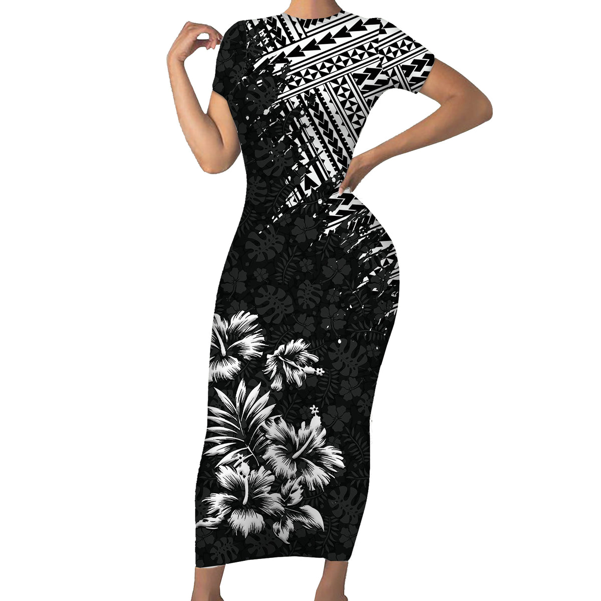 Hawaii Summer Couples Matching Outfits Combo Bodycon Dress And Hawaii Shirt Mix Polynesian Black LT6 No Shirt - Polynesian Pride