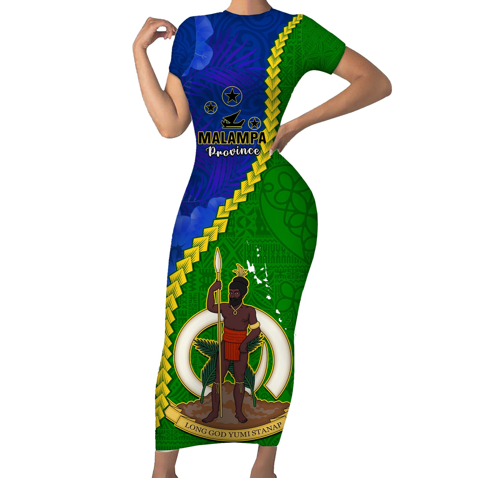 Vanuatu Malampa Province Short Sleeve Body Long Dress Turtle Sand Drawing Unique Tapa LT14 Long Dress Green - Polynesian Pride