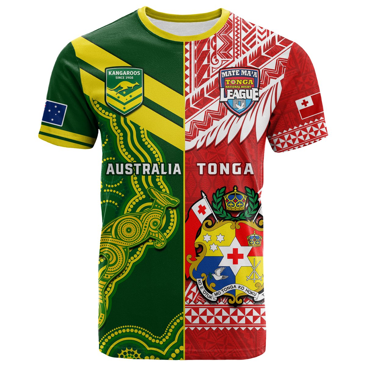 Custom Tonga and Australia Rugby T-Shirt - Mate Maa Tonga Mix Kangaroos LT14 Red - Polynesian Pride