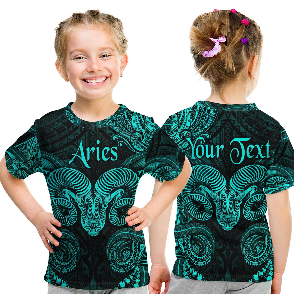 (Custom Personalised) Aries Zodiac Polynesian T Shirt Kid Unique Style - Turquoise LT8 Youth XL Size14 - Polynesian Pride