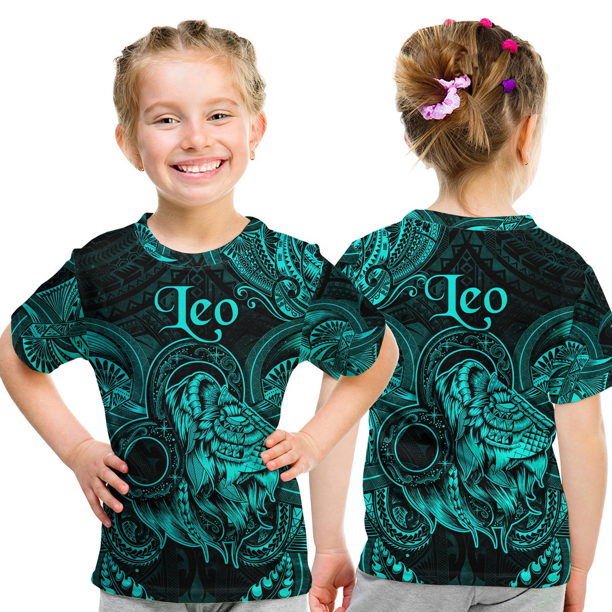 Leo Zodiac Polynesian T Shirt Kid Unique Style - Turquoise LT8 Youth XL Size14 - Polynesian Pride