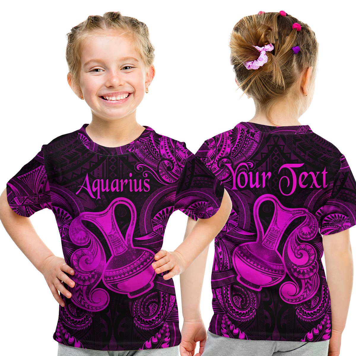 (Custom Personalised) Aquarius Zodiac Polynesian T Shirt Kid Unique Style - Pink LT8 Youth XL Size14 - Polynesian Pride
