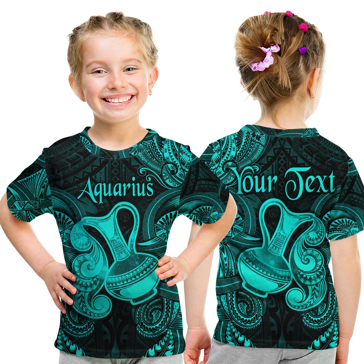 (Custom Personalised) Aquarius Zodiac Polynesian T Shirt Kid Unique Style - Turquoise LT8 Youth XL Size14 - Polynesian Pride