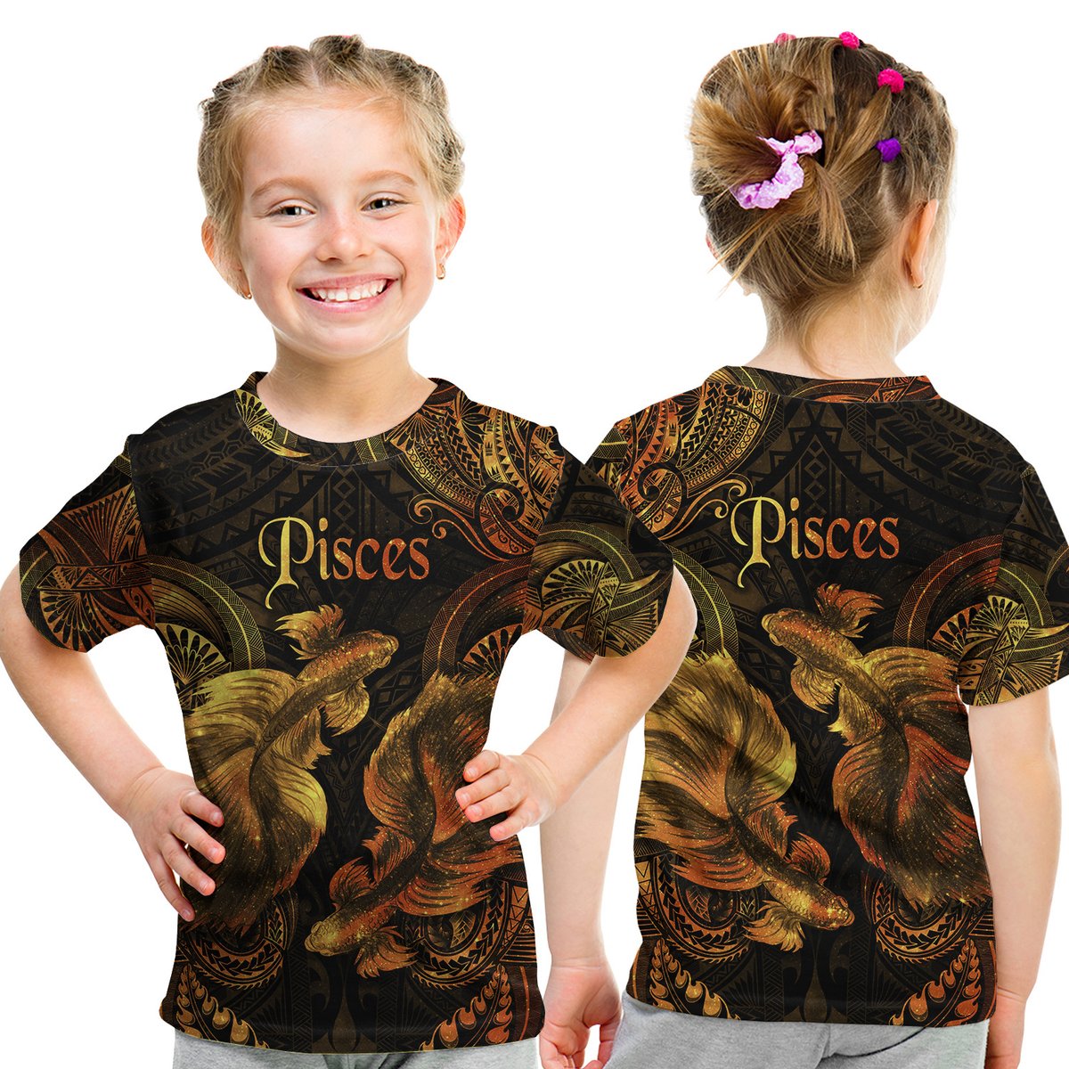 Pisces Zodiac Polynesian T Shirt Kid Unique Style - Gold LT8 Youth XL Size14 - Polynesian Pride