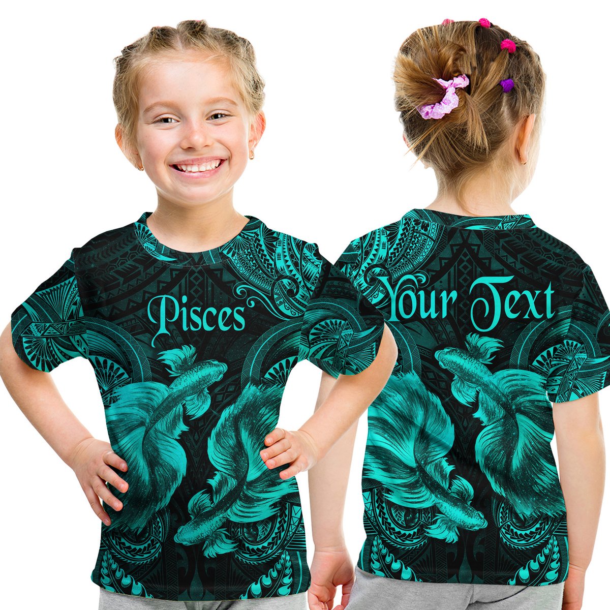 (Custom Personalised) Pisces Zodiac Polynesian T Shirt Kid Unique Style - Turquoise LT8 Youth XL Size14 - Polynesian Pride