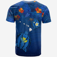 Custom Hawaiian Islands T Shirt Hawaii Tropical Flowers and Turtles Blue LT13 - Polynesian Pride