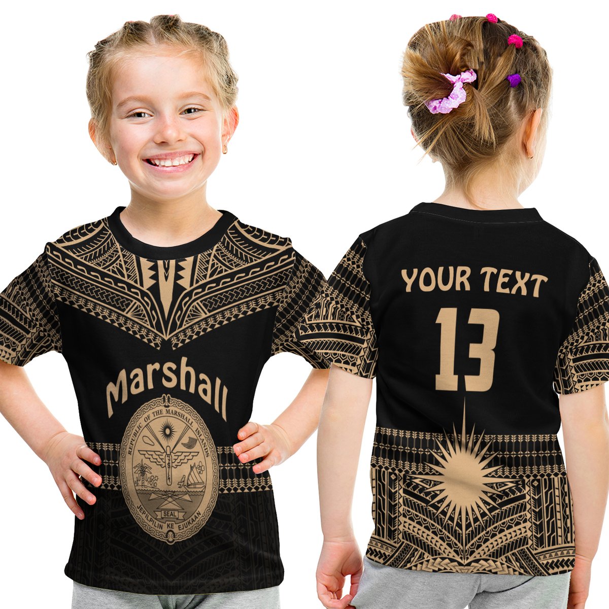(Custom Text And Number) Marshall Islands T Shirt Kid Best Tattoo Version Golden LT13 Youth XL Size14 - Polynesian Pride