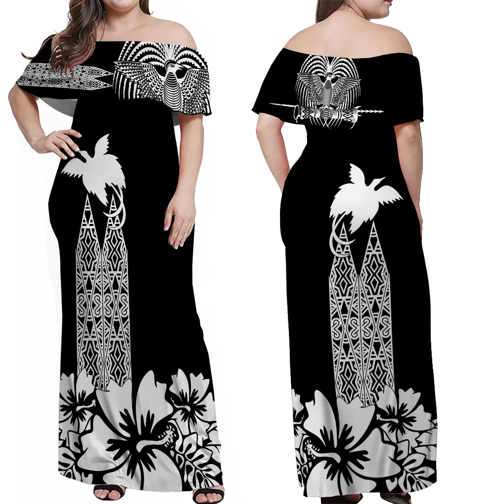PNG Hibiscus Tribal Pattern Off Shoulder Long Dress Motuan White Color - Ver02 LT7 Long Dress Black - Polynesian Pride