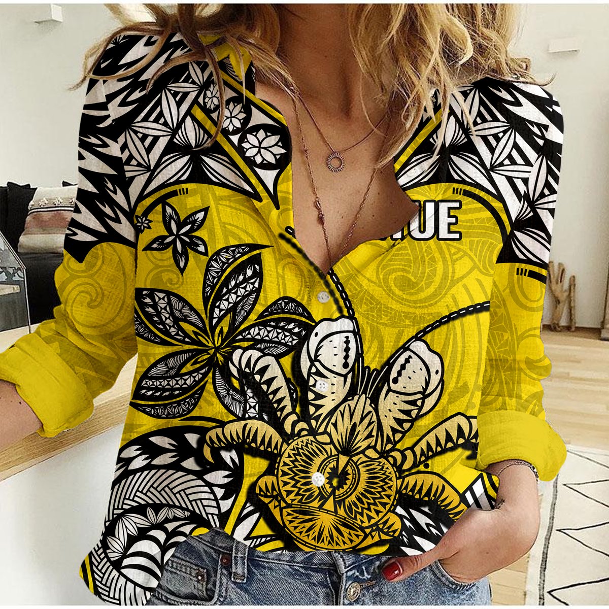 Niue Uga Casual Shirt Tribal Patterns Yellow Style LT6 Female Yellow - Polynesian Pride