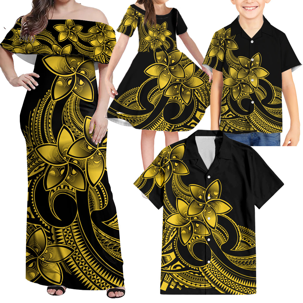 Polynesian Matching Outfit For Family Plumeria Flowers Long Dress Hawaiian Shirt Polynesian Tribal Yellow Vibe LT9 - Polynesian Pride