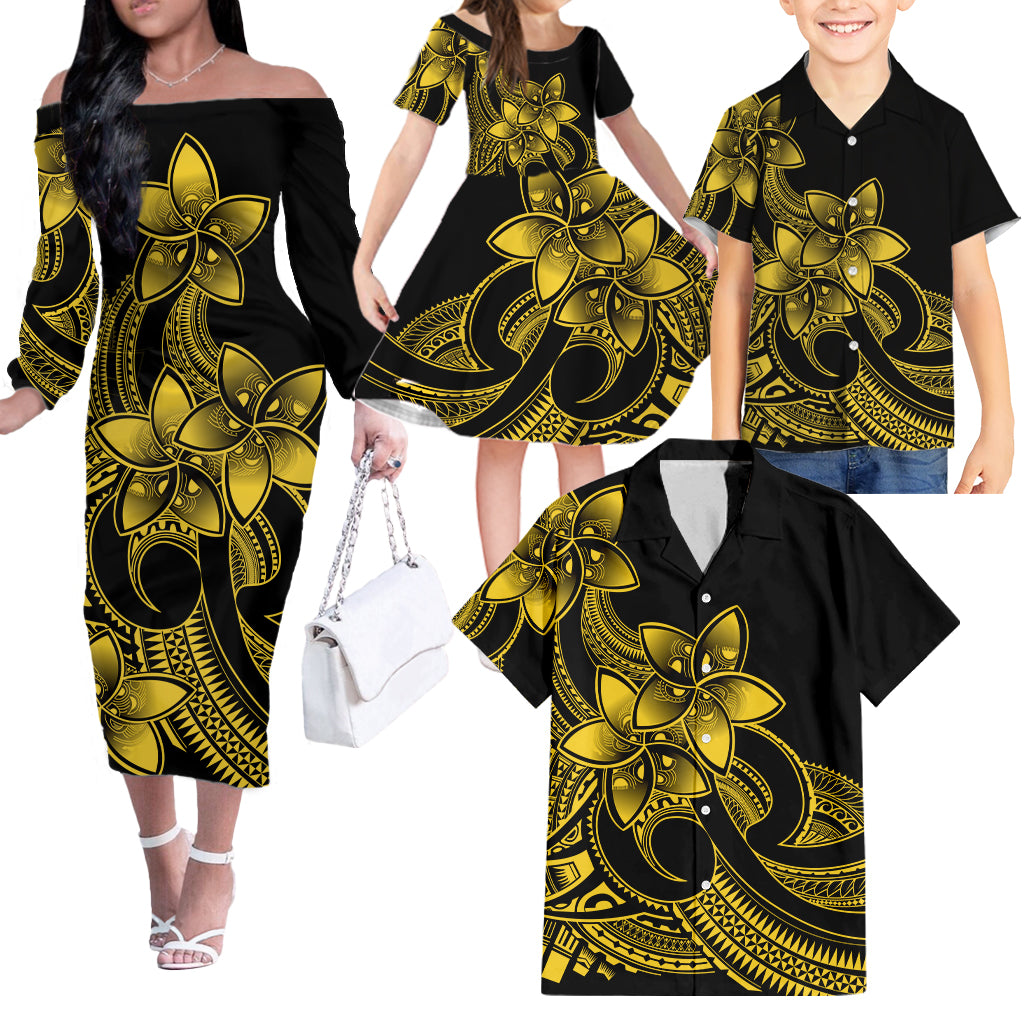 Polynesian Matching Outfit For Family Plumeria Flowers Off Shoulder Long Sleeve Dress Hawaiian Shirt Polynesian Tribal Yellow Vibe LT9 - Polynesian Pride