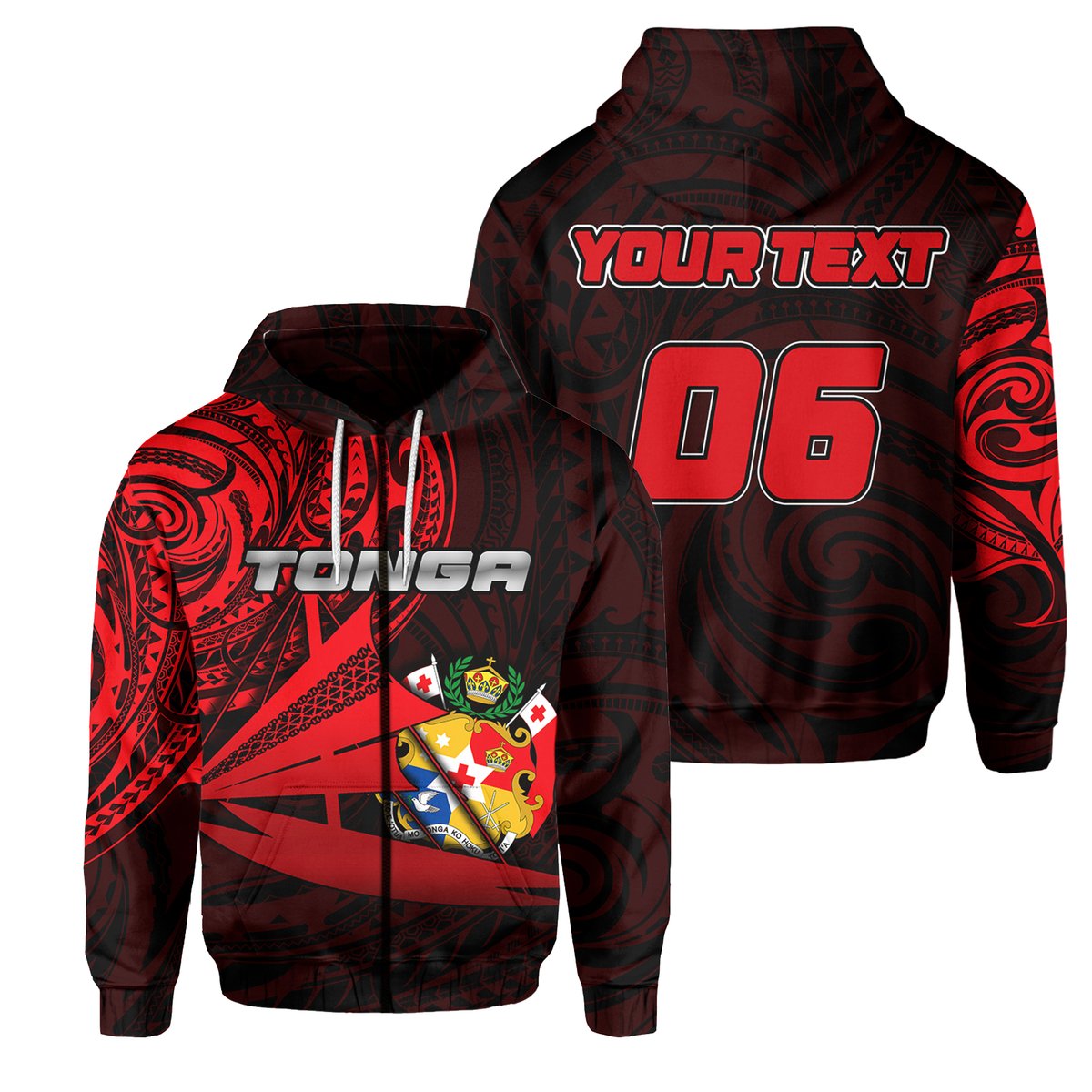 (Custom and Number) Tonga Zip Hoodie Kalia Polynesian NO.1 LT6 Unisex Red - Polynesian Pride