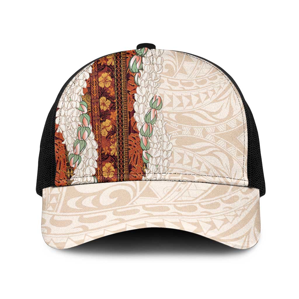 Aloha Hawaii Mikioi Lei Baseball Net Cap Beige Tropical Flower Pattern LT14 One Size Black Beige - Polynesian Pride