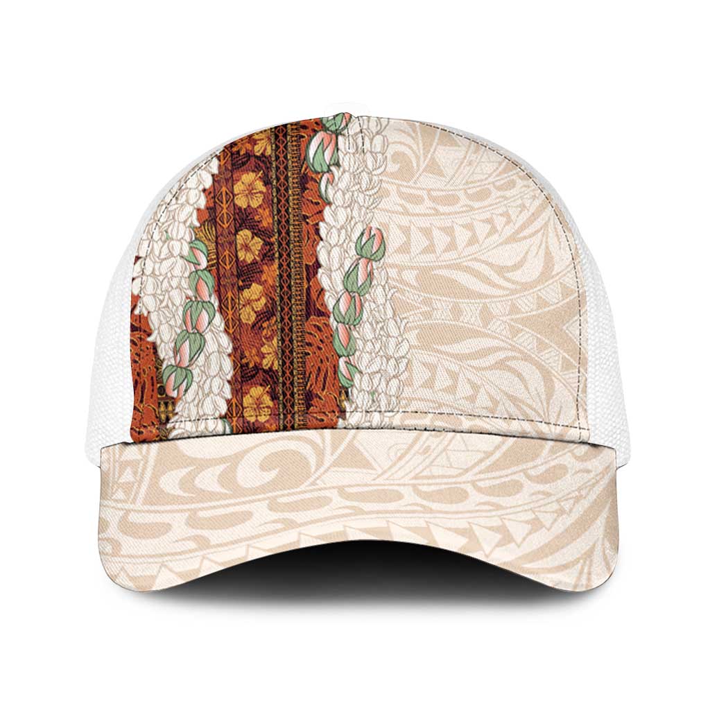Aloha Hawaii Mikioi Lei Mesh Trucker Cap Beige Tropical Flower Pattern LT14 One Size White Beige - Polynesian Pride