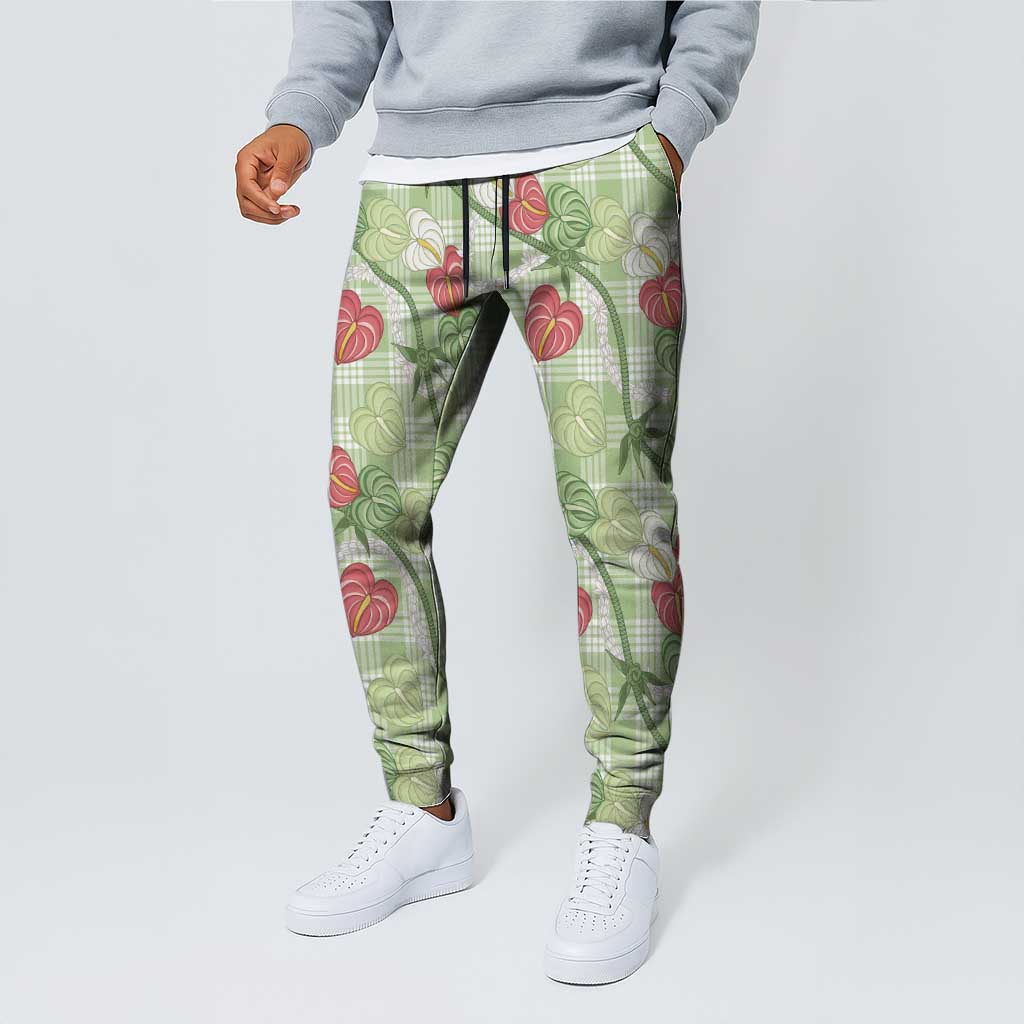 Anthurium Pikake Ti Leaf Palaka Jogger Pants Green Version LT01 - Polynesian Pride