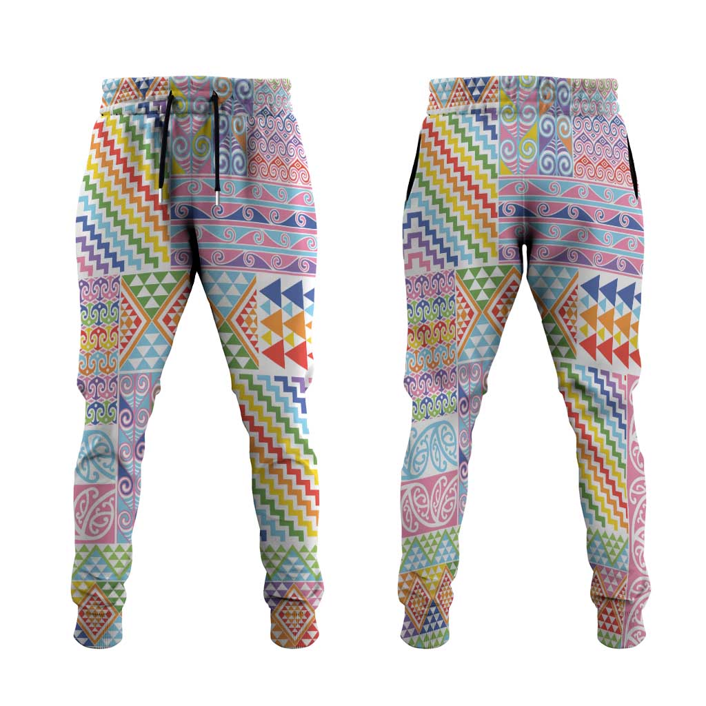 Aotearoa Kowhaiwhai Taniko Patchwork Rainbow Motifs Jogger Pants LT9 Rainbow - Polynesian Pride