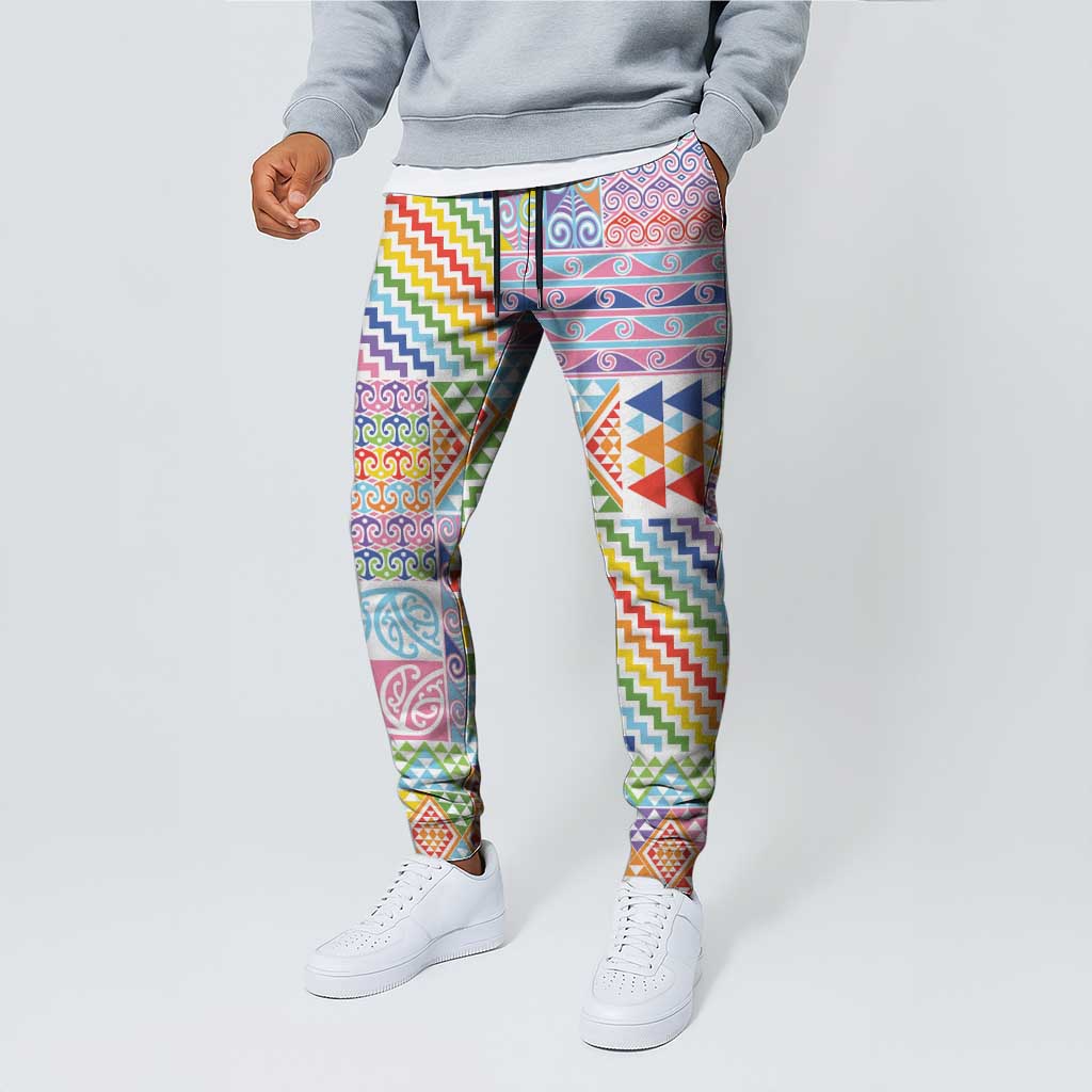 Aotearoa Kowhaiwhai Taniko Patchwork Rainbow Motifs Jogger Pants LT9 - Polynesian Pride