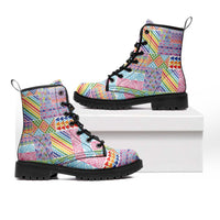 Aotearoa Kowhaiwhai Taniko Patchwork Rainbow Motifs Leather Boots