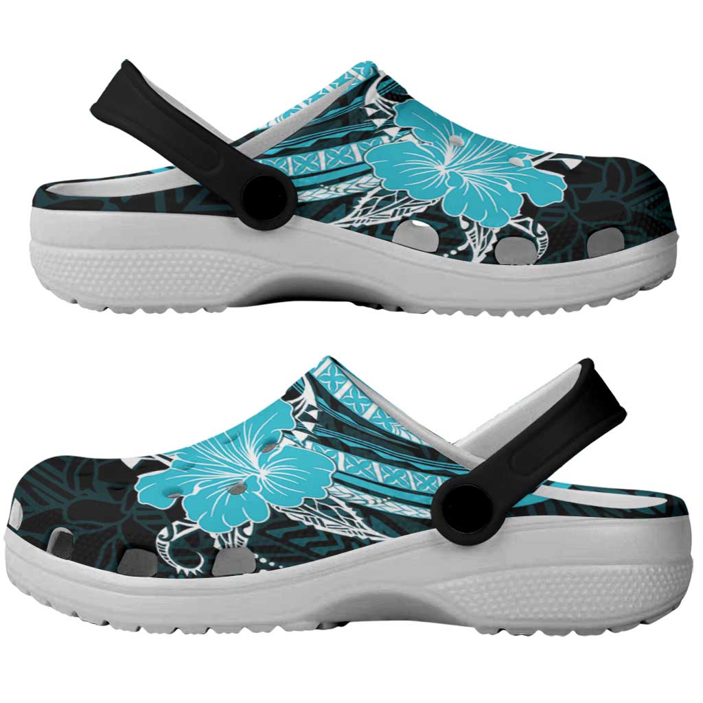 Aqua Polynesian Pattern With Tropical Flowers Clogs Shoes LT05 - Polynesian Pride
