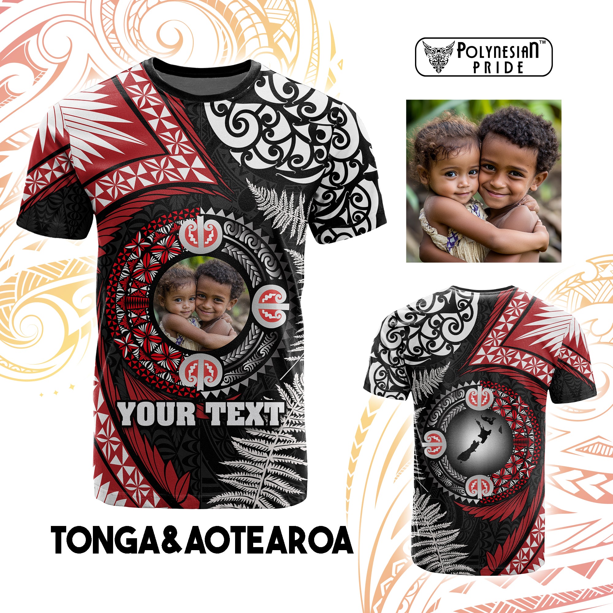 Custom Photo Tonga and New Zealand Together T Shirt Ngatu Art Tribal Maori Tattoo and Silver Fern CTM03