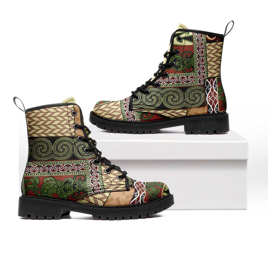 Beige Aotearoa Kowhaiwhai Pattern Leather Boots NZ Maori Quilt Style LT14 Beige - Polynesian Pride
