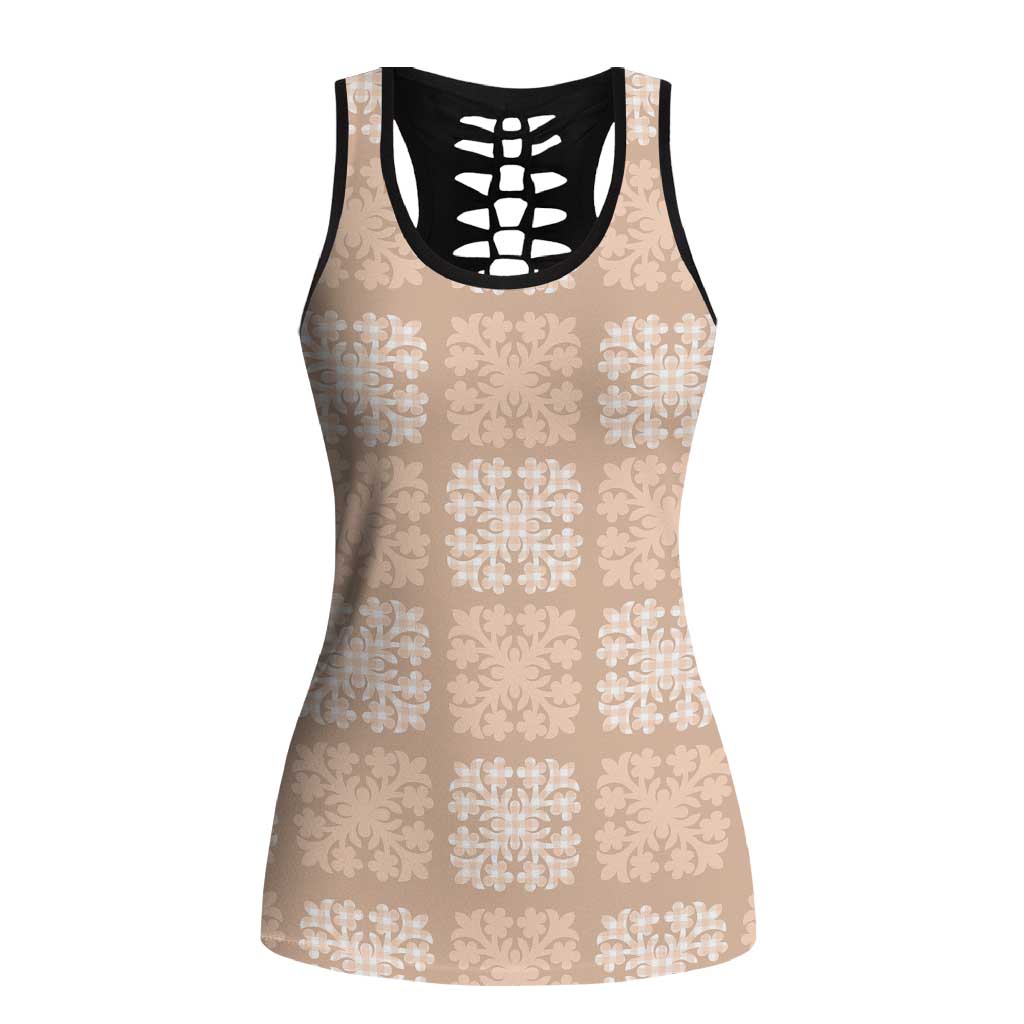 Beige Palaka Quilt Hawaii Hollow Tank Top Traditional Hawaii-plaid Pattern LT14 Female Beige - Polynesian Pride