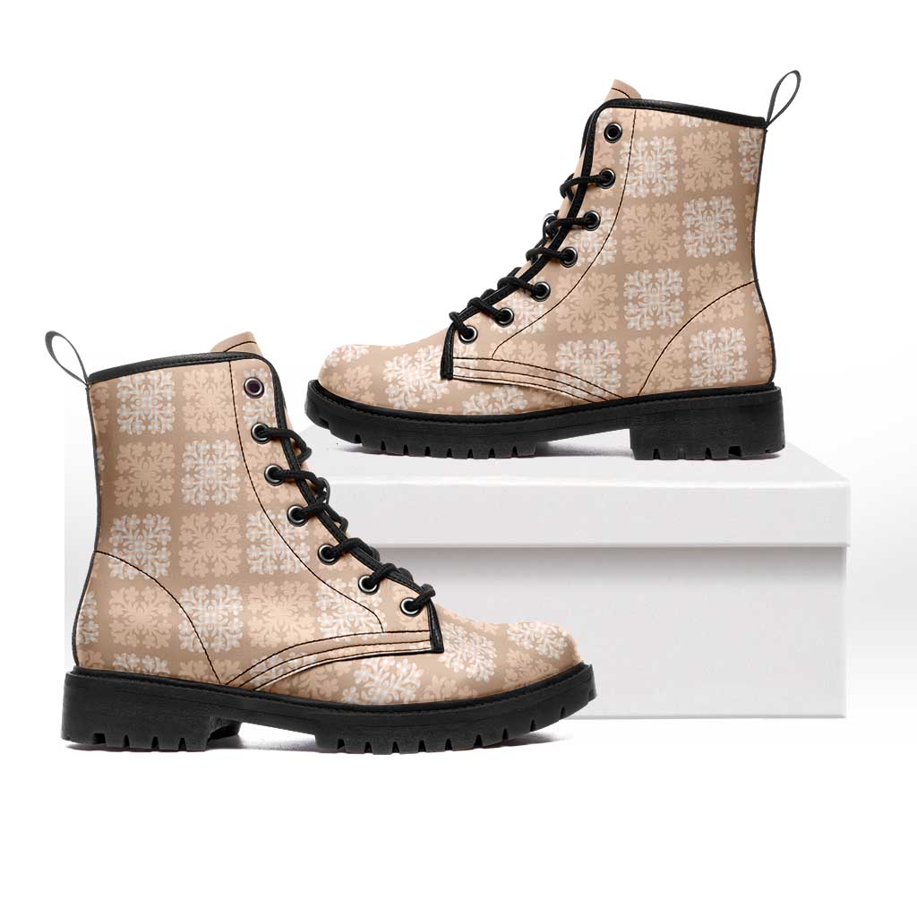 Beige Palaka Quilt Hawaii Leather Boots Traditional Hawaii-plaid Pattern LT14 Beige - Polynesian Pride