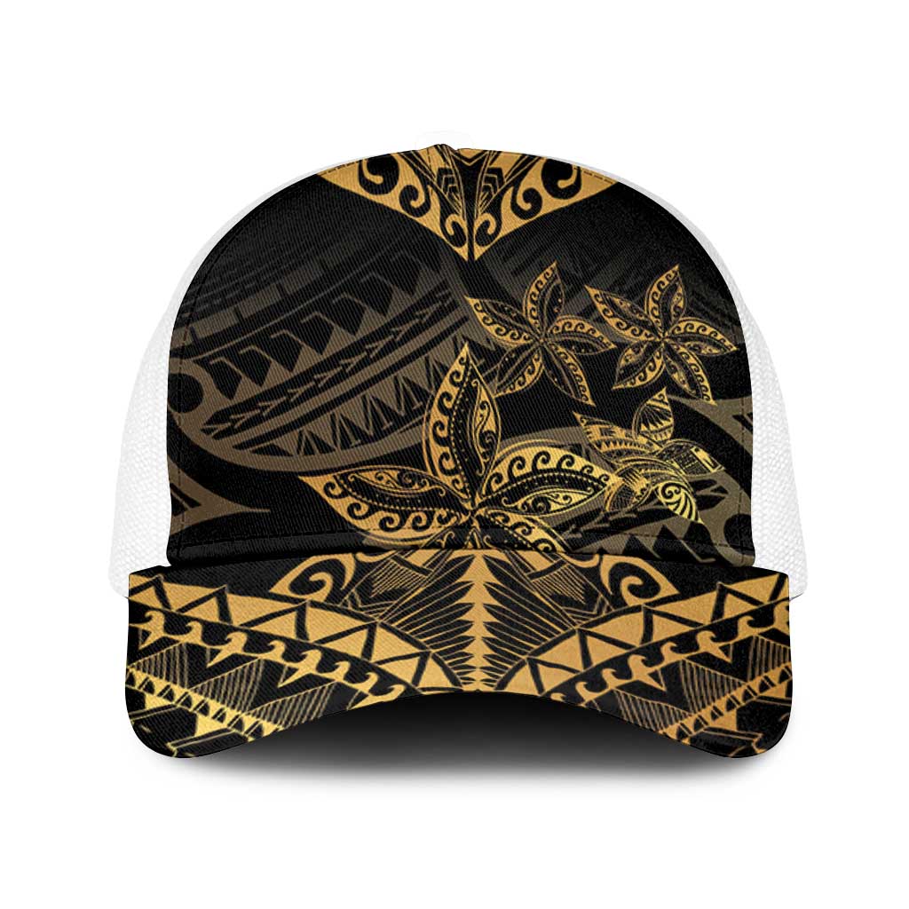 Black and Gold Polynesia Mesh Trucker Cap Plumeria Tattoo With Polynesian Pattern LT14 One Size White Black - Polynesian Pride