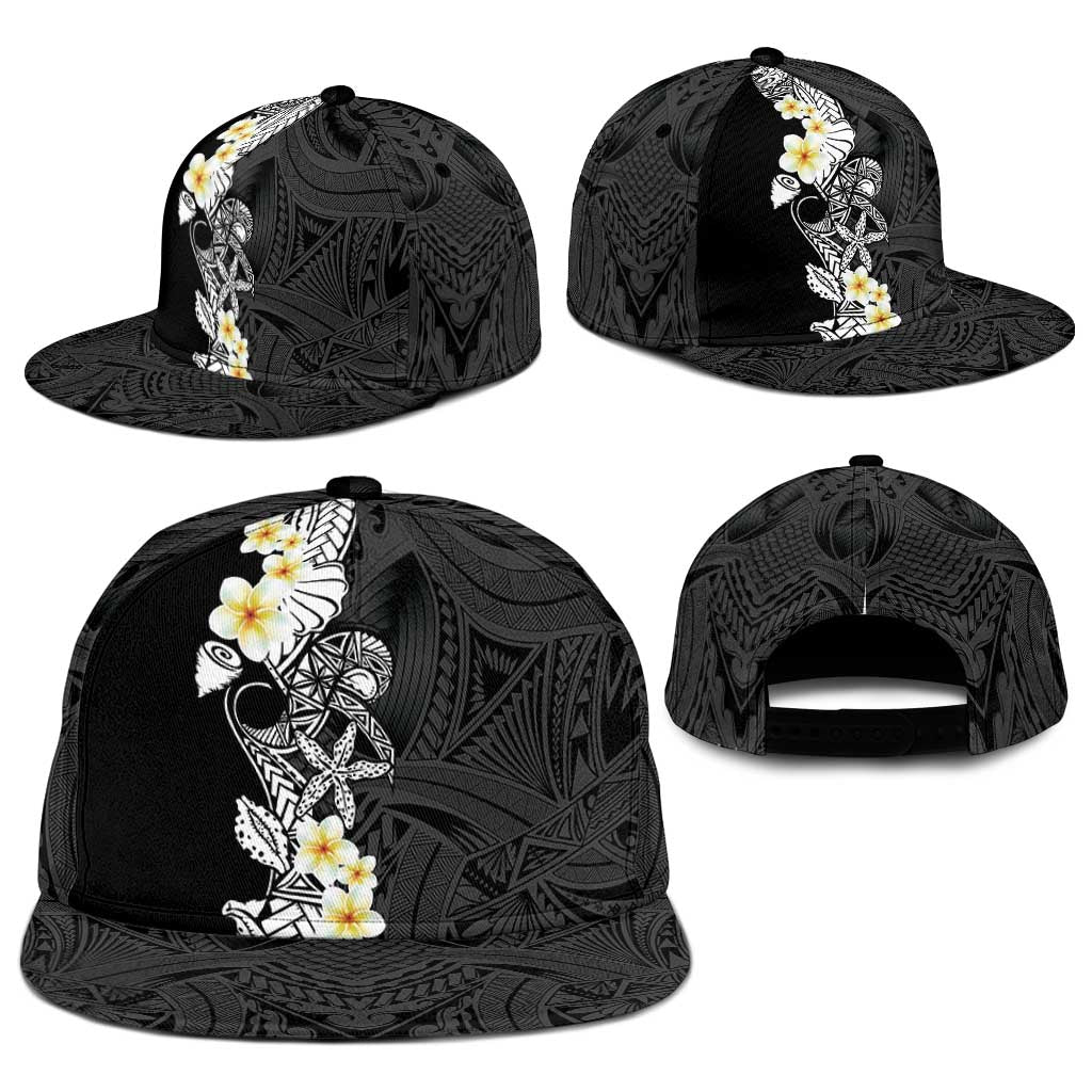 Black Samoa Tattoo Snapback Cap Plumeria Samoan Ocean Tatau Pattern LT14 - Polynesian Pride