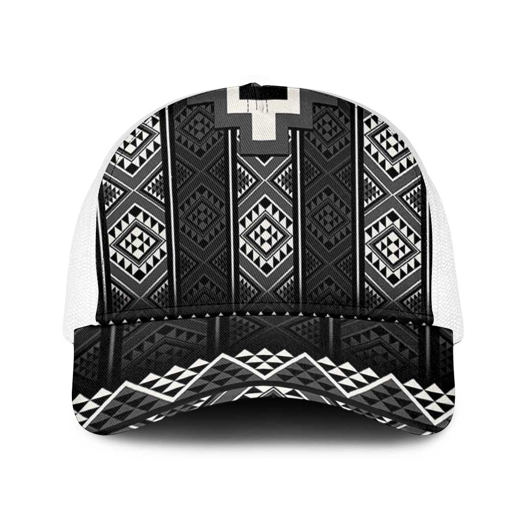 Black Taniko Aotearoa Mesh Trucker Cap Niho Taniwha Mix Poutama LT14 One Size White Black - Polynesian Pride