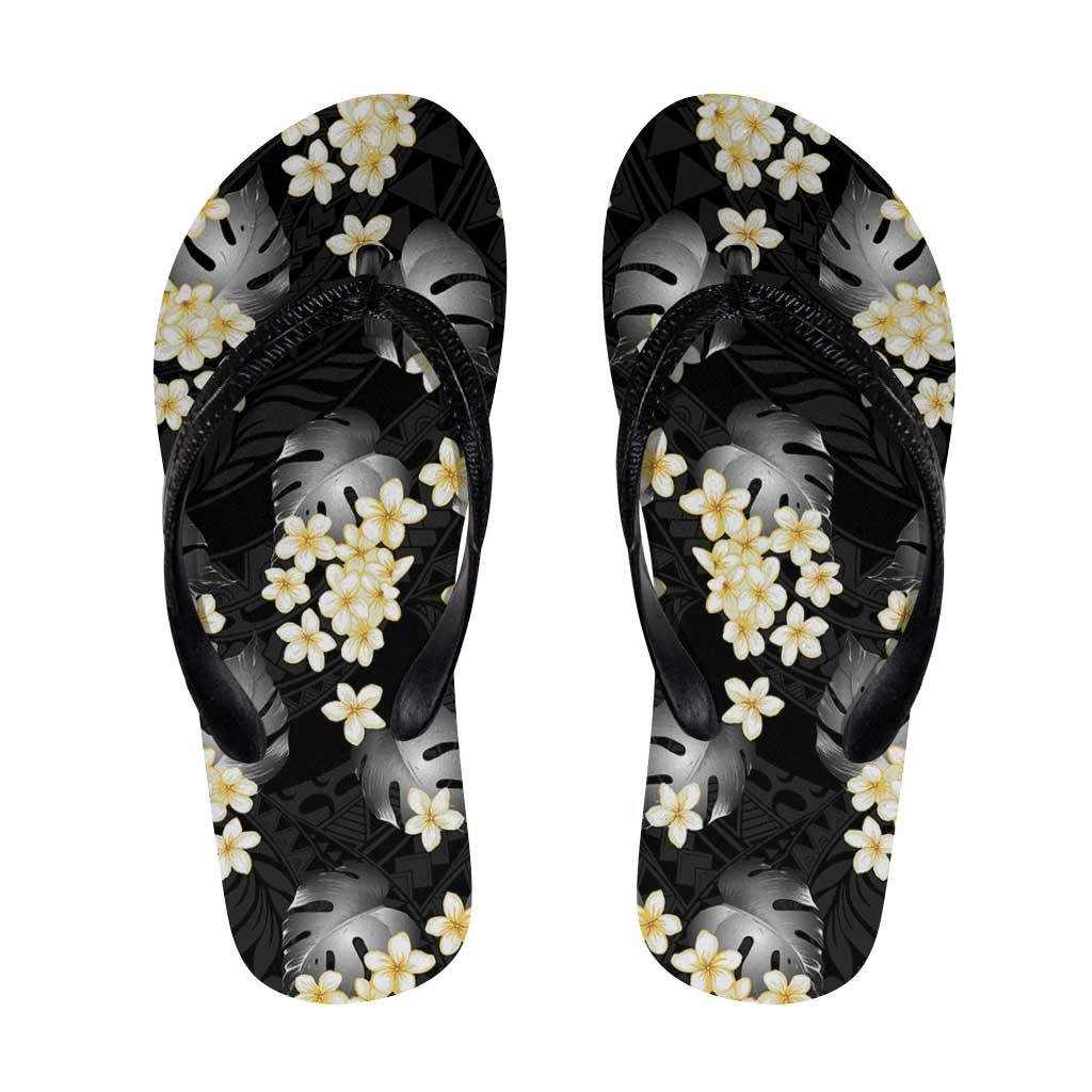 Black Tropical Hawaii Flip Flops Seamless Monstera Plumeria Hawaiian Pattern LT14 Black - Polynesian Pride
