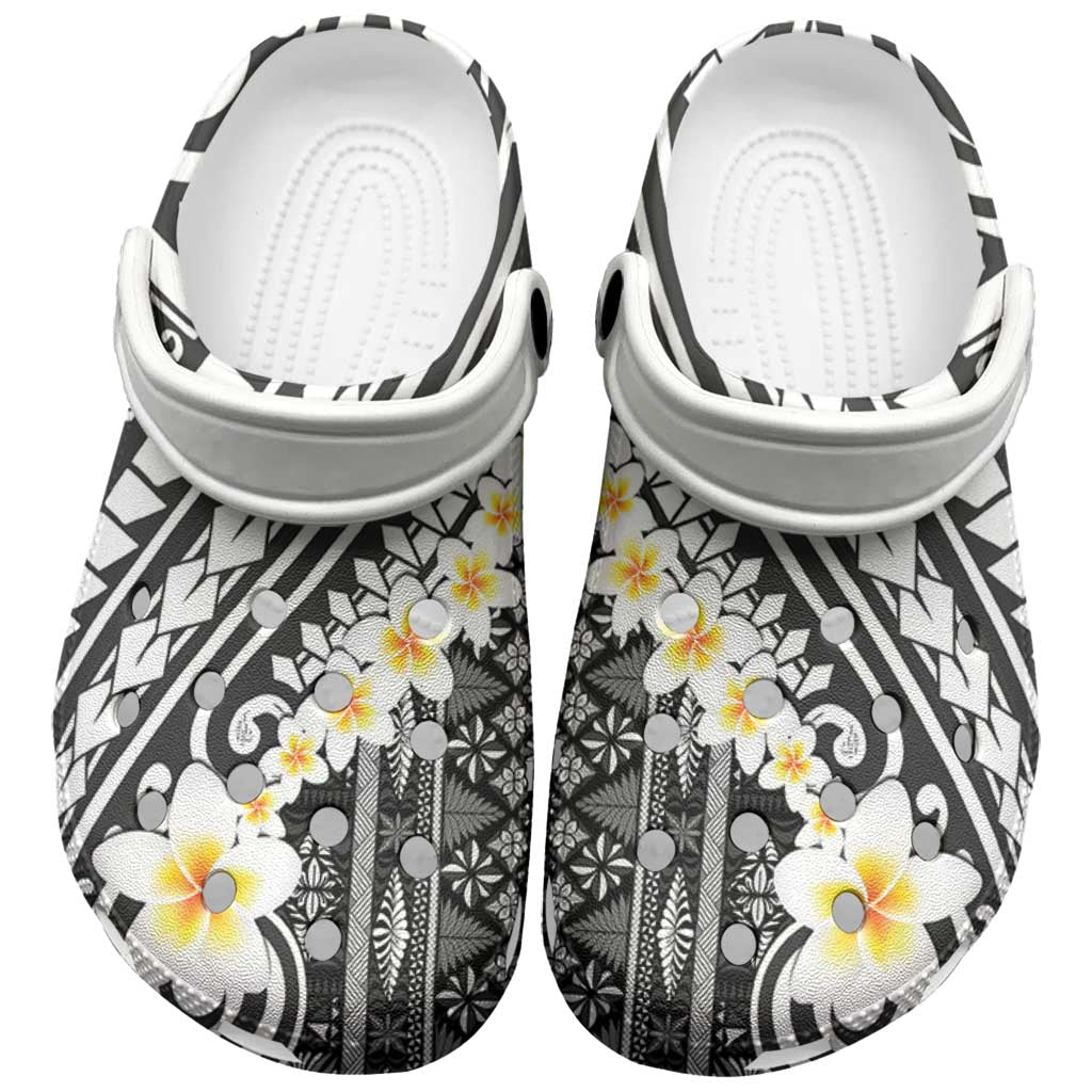 Black Vintage Tonga Ngatu Pattern With Plumeria Clogs Shoes LT05 Black - Polynesian Pride