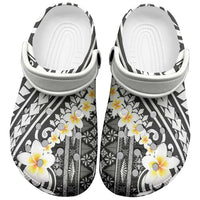 Black Vintage Tonga Ngatu Pattern With Plumeria Clogs Shoes LT05 Black - Polynesian Pride