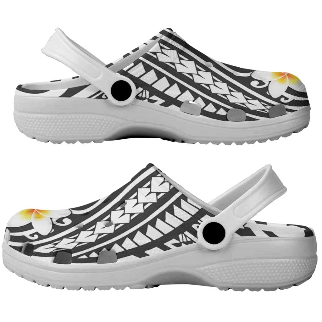 Black Vintage Tonga Ngatu Pattern With Plumeria Clogs Shoes LT05 - Polynesian Pride