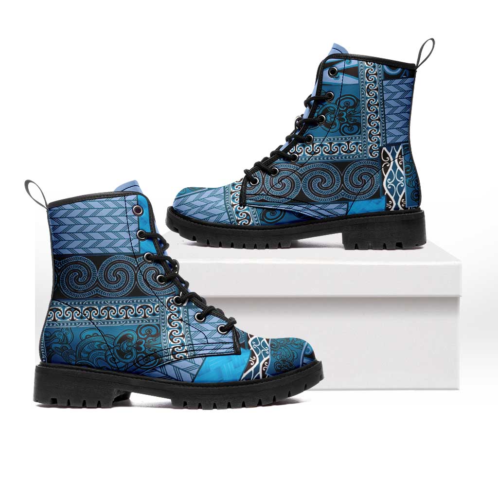 Blue Aotearoa Kowhaiwhai Pattern Leather Boots NZ Maori Quilt Style LT14 Blue - Polynesian Pride