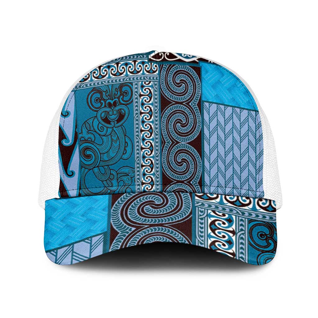 Blue Aotearoa Kowhaiwhai Pattern Mesh Trucker Cap NZ Maori Quilt Style LT14 One Size White Blue - Polynesian Pride