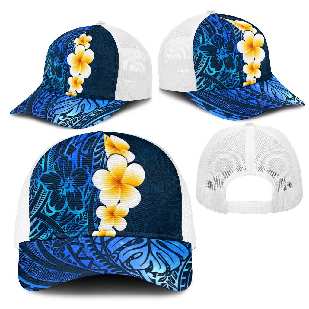 Blue Polynesia Mesh Trucker Cap Plumeria Tropical Leaves With Galaxy Polynesian Art LT14 - Polynesian Pride