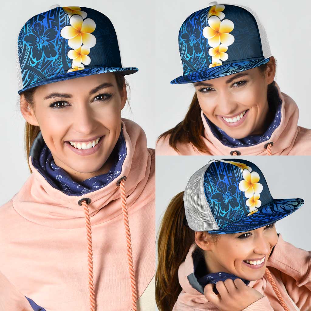 Blue Polynesia Mesh Trucker Cap Plumeria Tropical Leaves With Galaxy Polynesian Art LT14 - Polynesian Pride