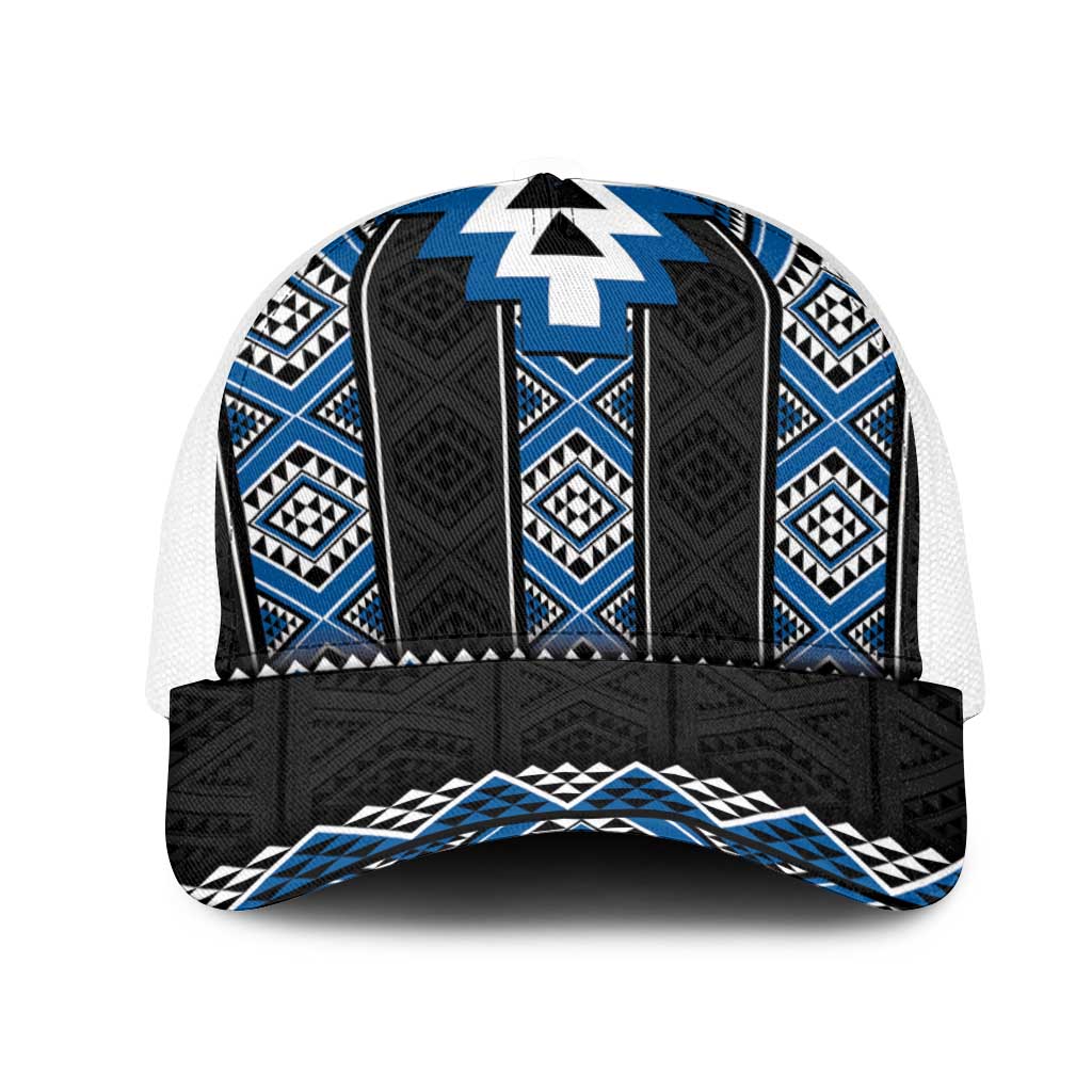 Blue Taniko Aotearoa Mesh Trucker Cap Niho Taniwha Mix Poutama LT14 One Size White Blue - Polynesian Pride