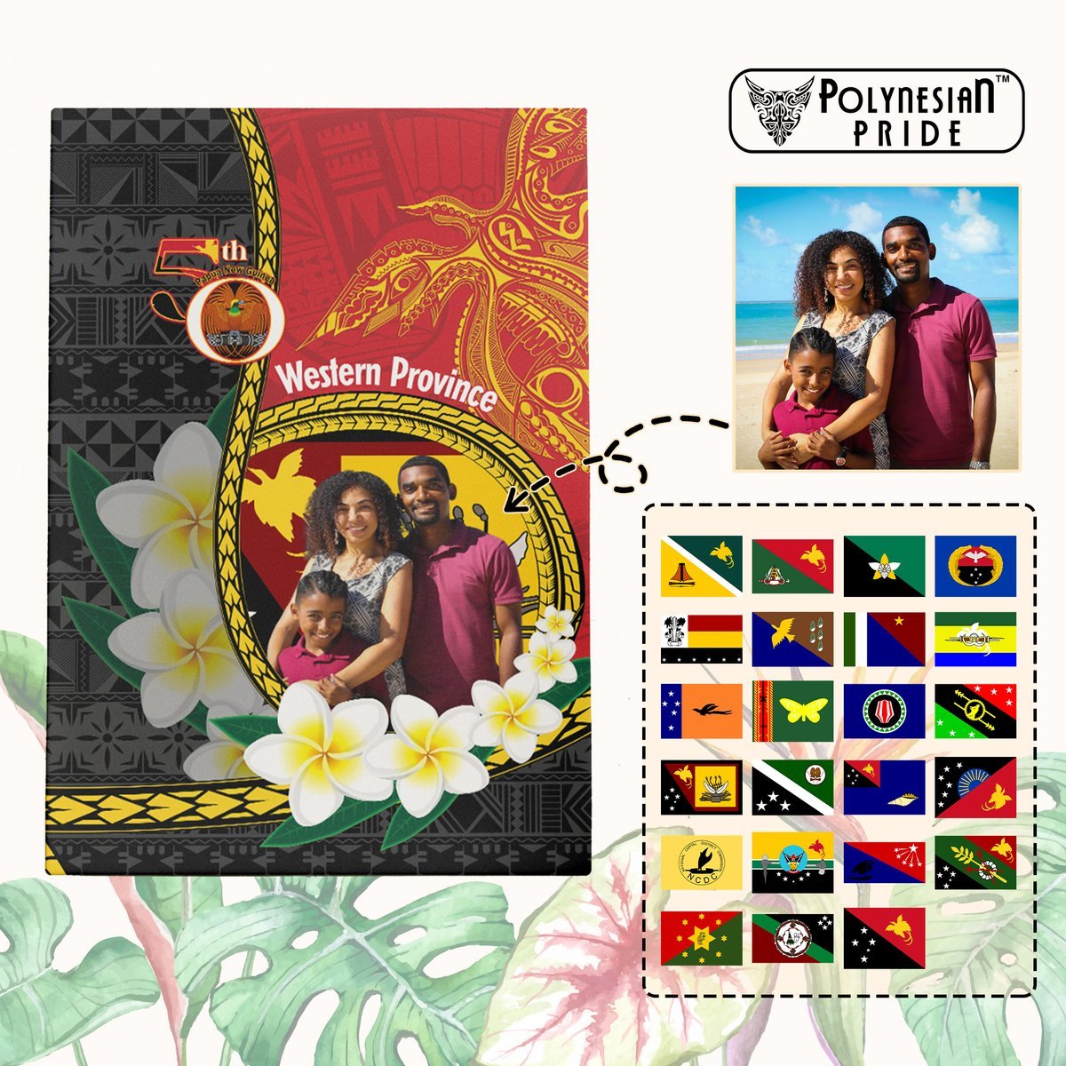 Custom Photo Papua New Guinea Provinces Canvas Wall Art 50th Anniversary Plumeria PNG Provinces Flag CTM14 Red - Polynesian Pride