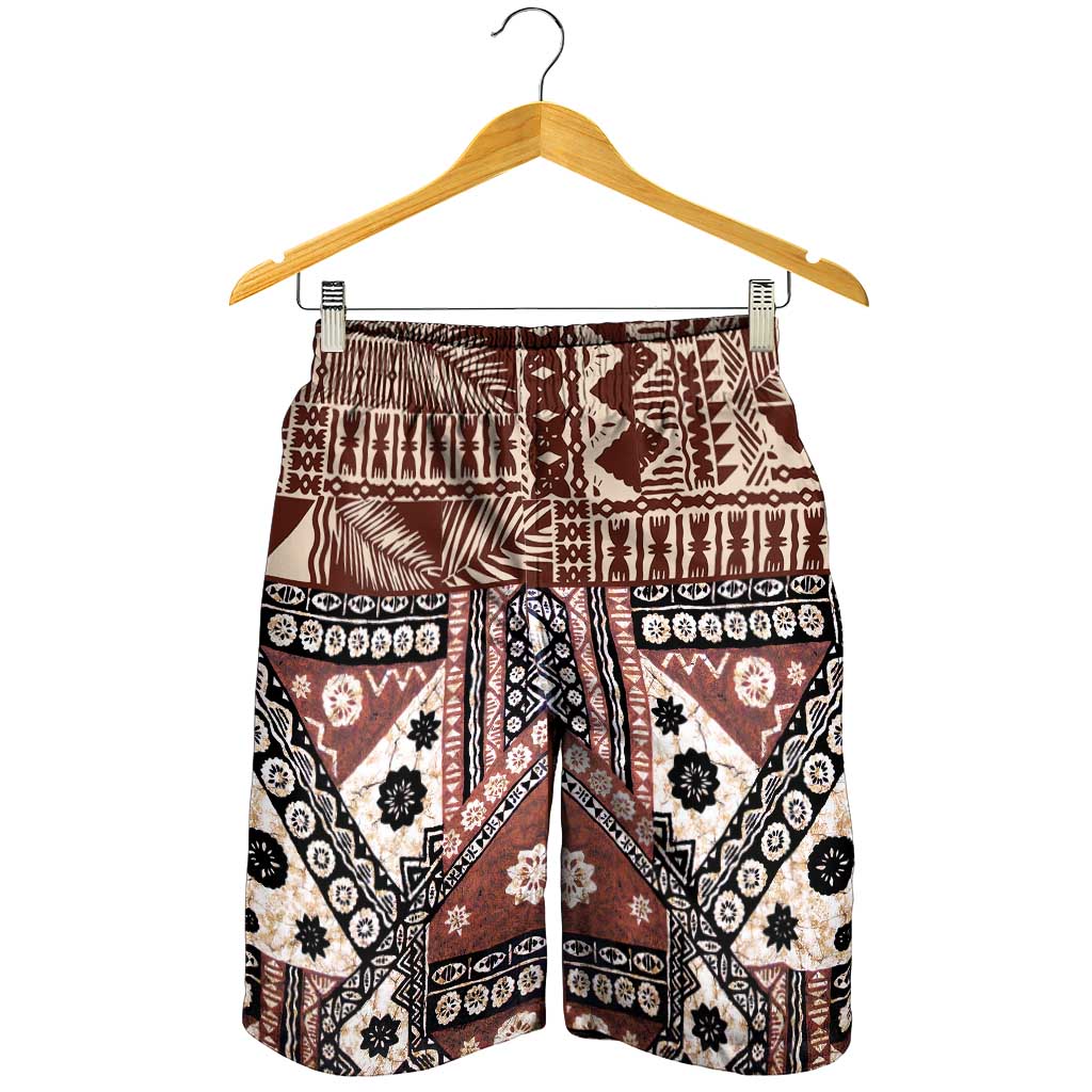Brown Bula Fiji Shorts for Men Unique Masi Tapa Pattern LT14 - Polynesian Pride