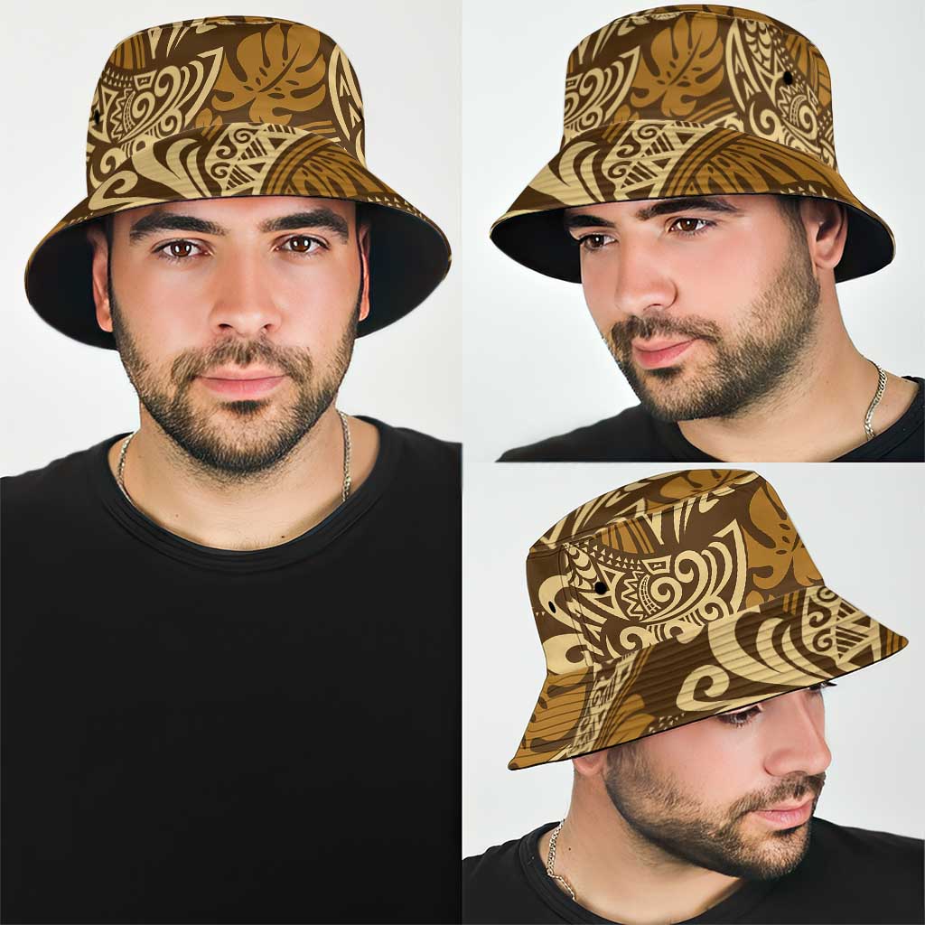 Brown Gold Monstera Bucket Hat Polynesian Tribal Pattern LT01 - Polynesian Pride